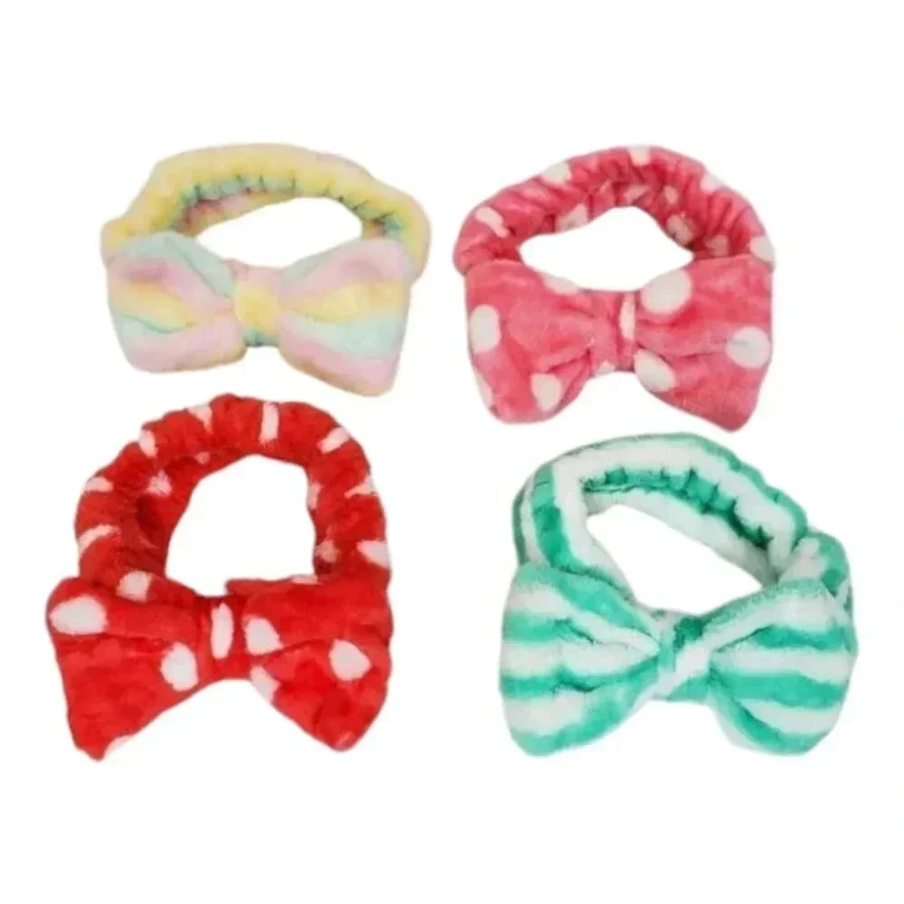 Pink and White Polka Dot- Super Plush Elastic Bow Spa Headband.